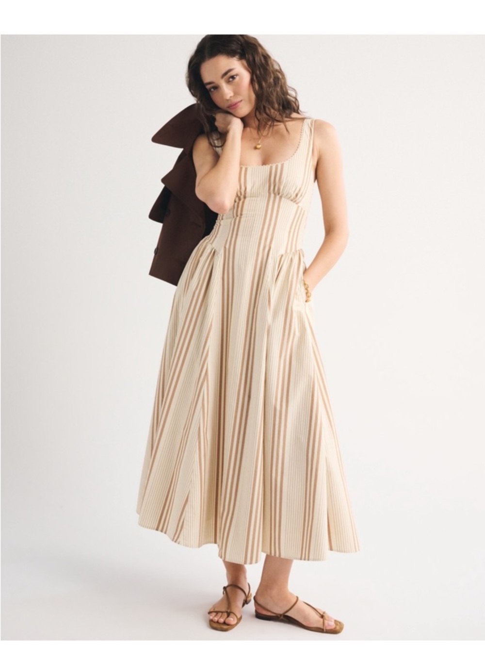 Abercrombie & Fitch Cream and Brown Striped Midi Dress